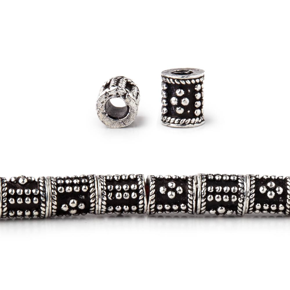 6x5mm Antique Sterling Silver Plated Copper Miligrain Dotted Tube Beads 8 inch 33 pieces - Beadsofcambay.com