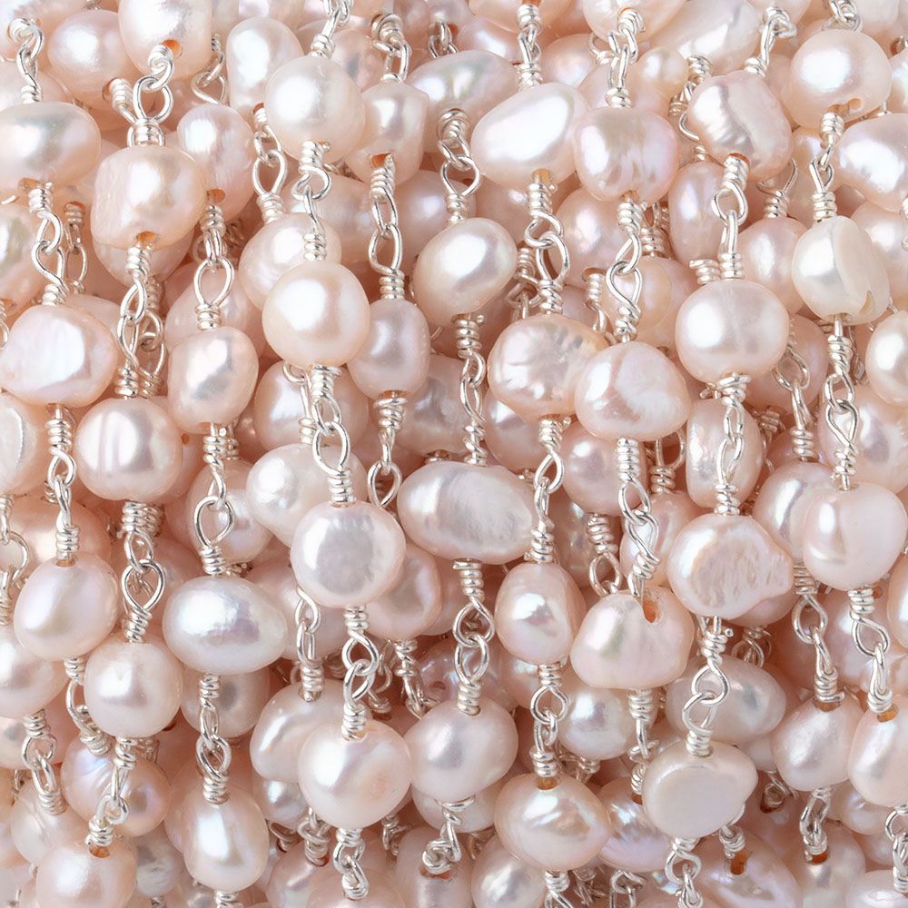 6x5mm Ballet Pink Side Drill Baroque Pearls on Silver Plated Chain - Beadsofcambay.com