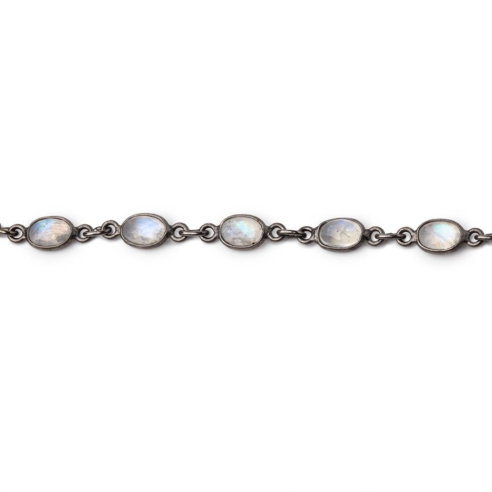 6x5mm Rainbow Moonstone Faceted Oval Cabochon Black Gold .925 Bezeled Chain - Beadsofcambay.com