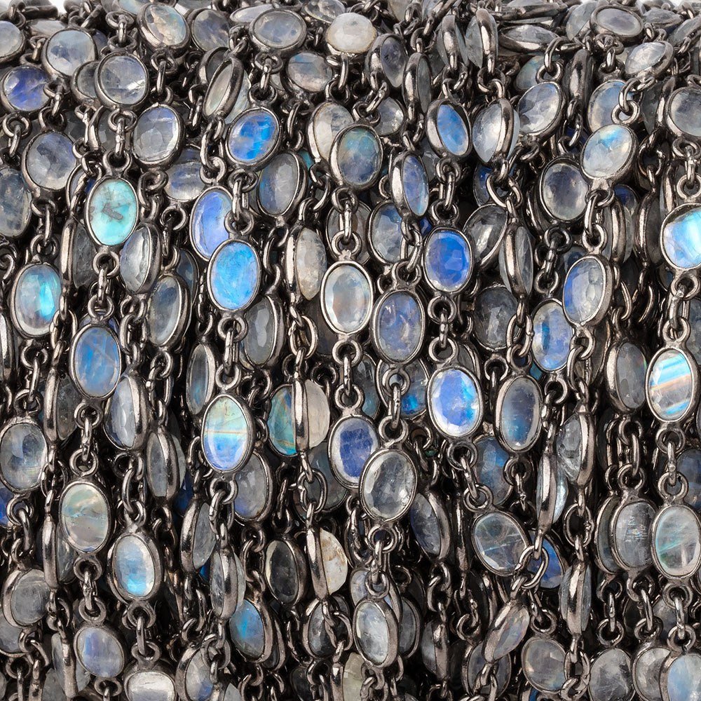 6x5mm Rainbow Moonstone Faceted Oval Cabochon Black Gold .925 Bezeled Chain - Beadsofcambay.com