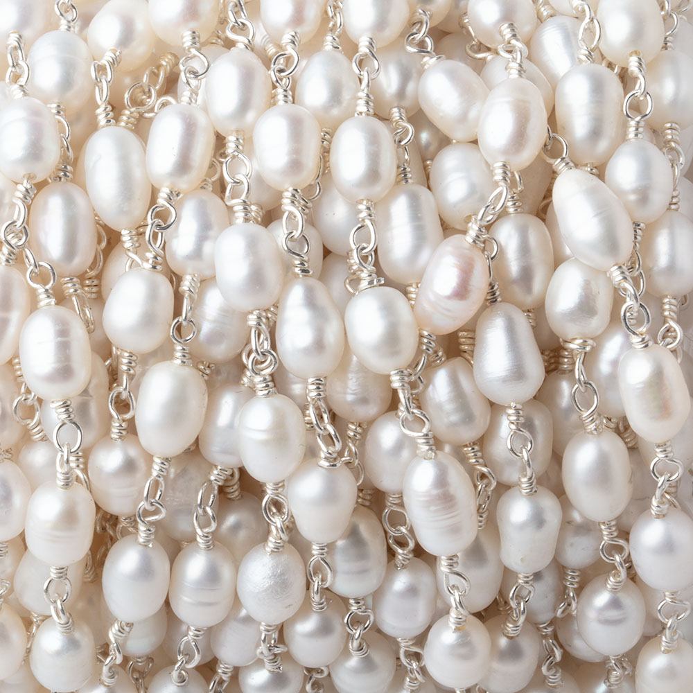 6x5mm White Oval Freshwater Pearls on .925 Silver Chain - Beadsofcambay.com