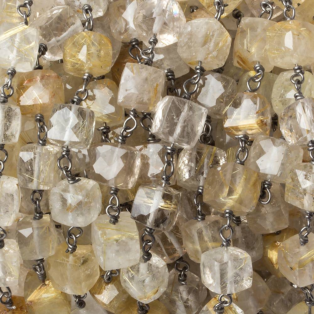 6x6mm Golden Rutilated Quartz cube Black Gold plated .925 Silver Chain by the foot 25 pcs - Beadsofcambay.com