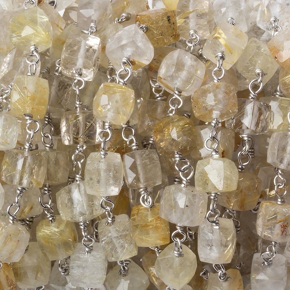 6x6mm Golden Rutilated Quartz cube Silver .925 Chain by the foot 25 pcs - Beadsofcambay.com
