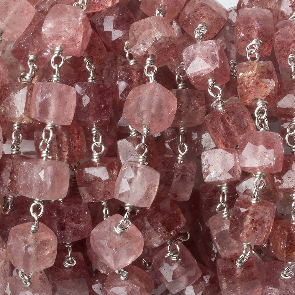 6x6mm Strawberry Quartz faceted cube Silver .925 Chain by the foot 26 pcs - Beadsofcambay.com