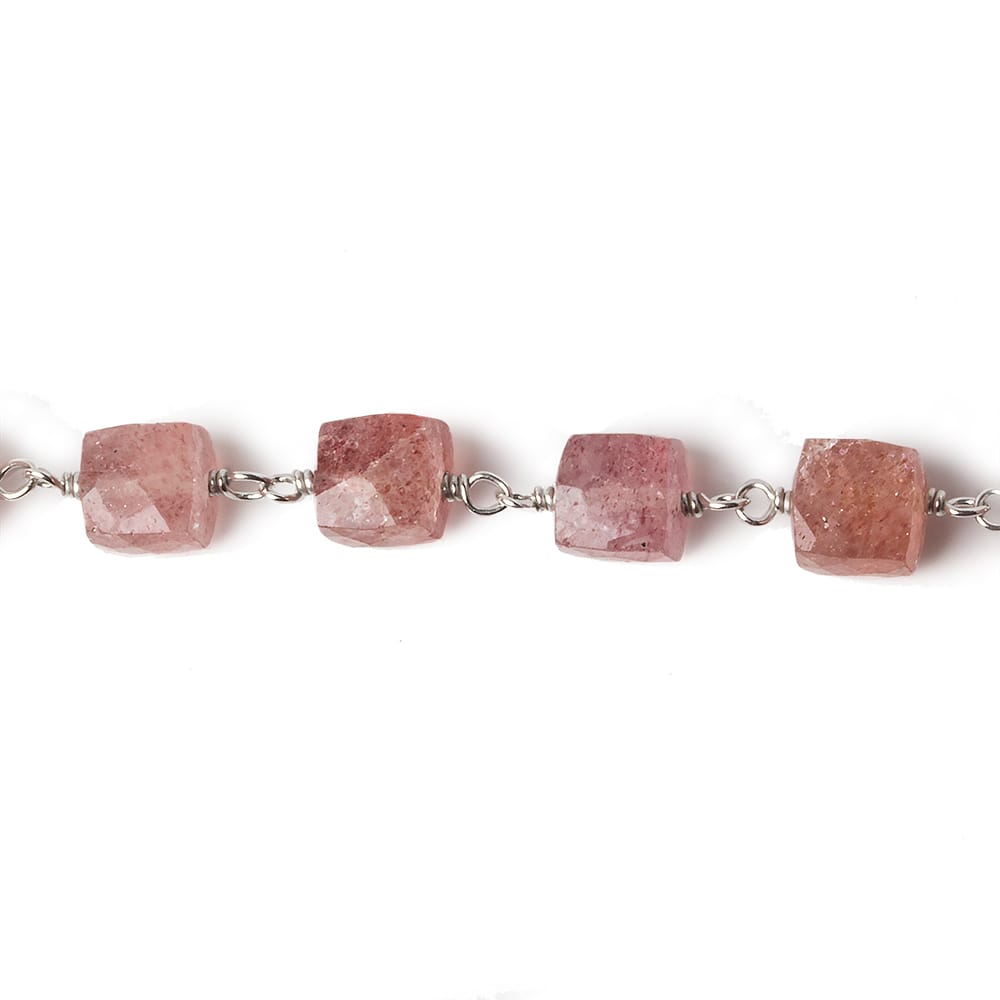 6x6mm Strawberry Quartz faceted cube Silver .925 Chain by the foot 26 pcs - Beadsofcambay.com
