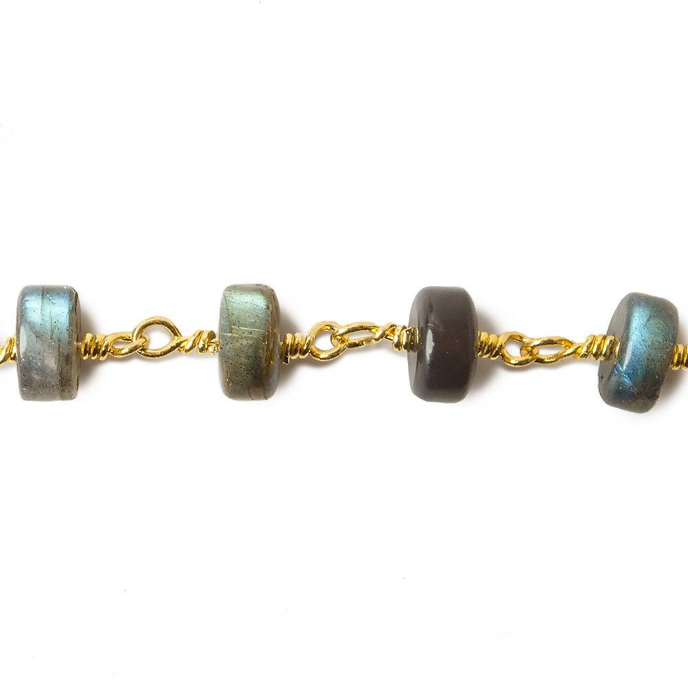 7-7.5mm Labradorite plain rondelles on Gold Plated Chain by the foot - Beadsofcambay.com