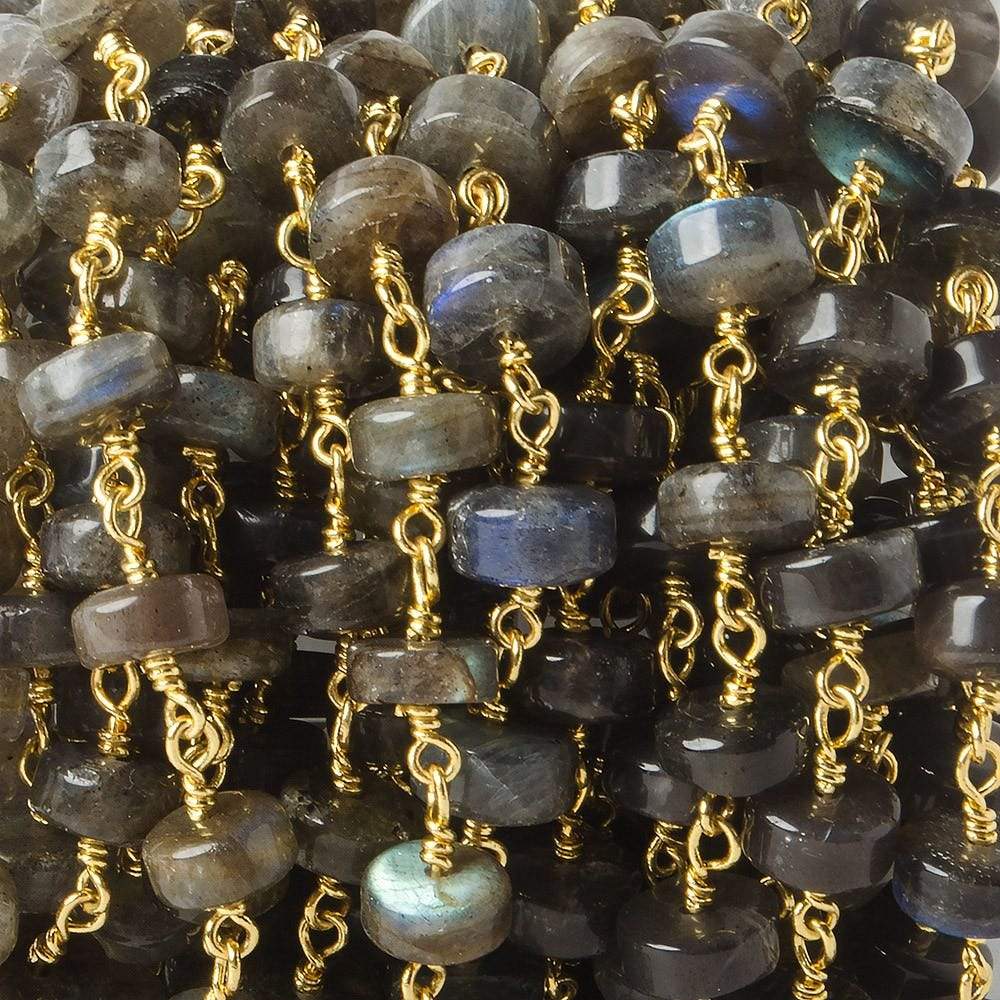 7-7.5mm Labradorite plain rondelles on Gold Plated Chain by the foot - Beadsofcambay.com