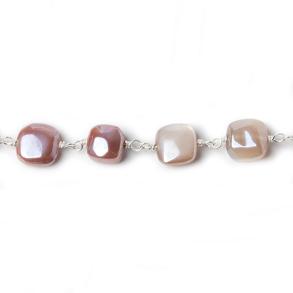 7-7.5mm Mystic Moonstone puffy square .925 Silver Chain by the foot 24 pcs - Beadsofcambay.com