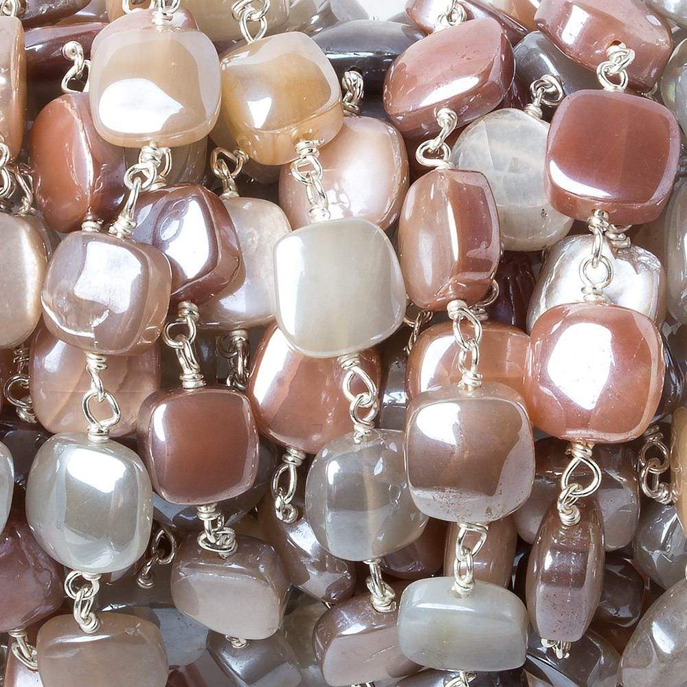 7-7.5mm Mystic Moonstone puffy square .925 Silver Chain by the foot 24 pcs - Beadsofcambay.com
