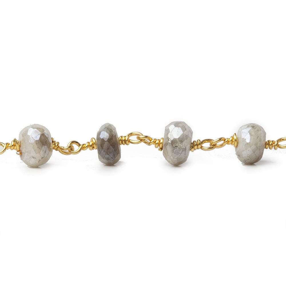 7-7.5mm Mystic Platinum Grey Moonstone faceted rondelle Gold Chain by the foot 24 pcs - Beadsofcambay.com