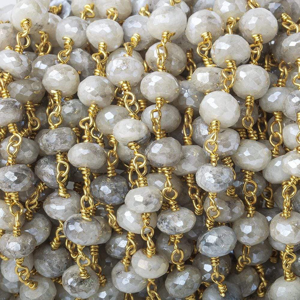 7-7.5mm Mystic Platinum Grey Moonstone faceted rondelle Gold Chain by the foot 24 pcs - Beadsofcambay.com