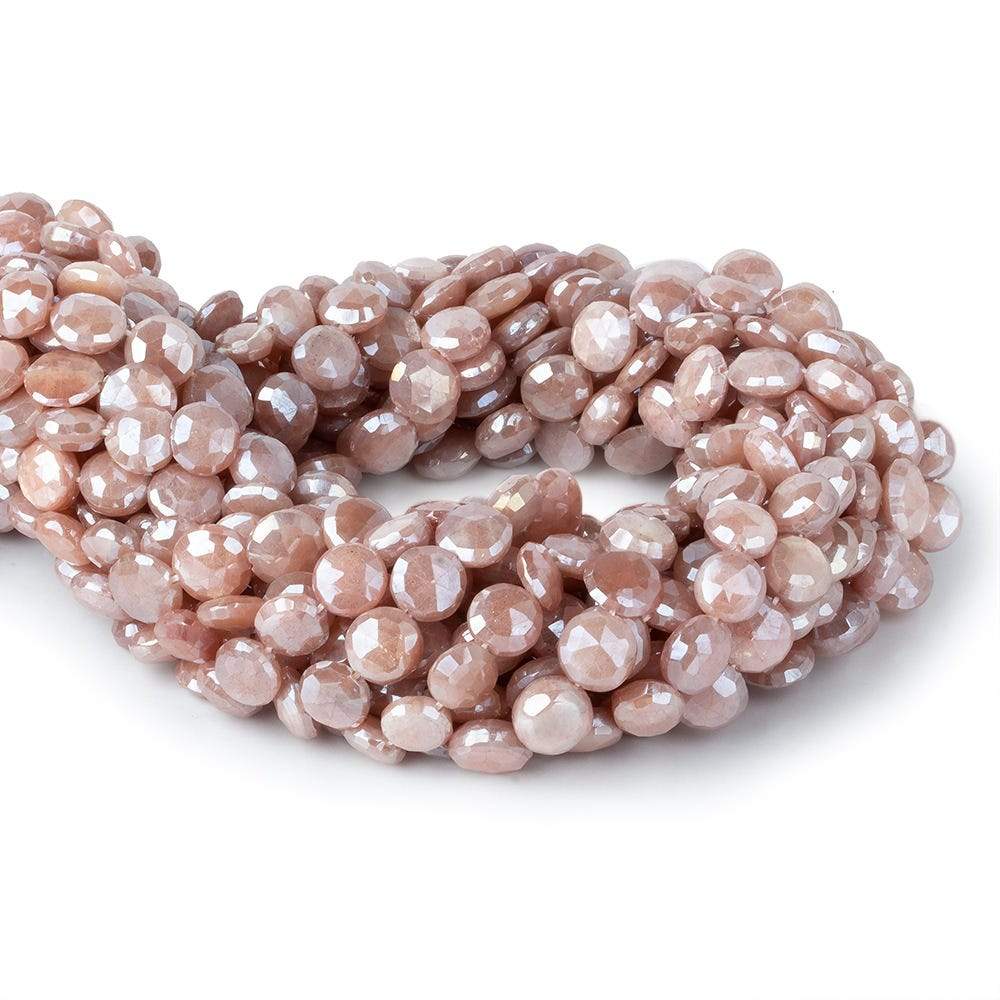 7-8.5mm Mystic Dark Peach Moonstone faceted coins 14 inch 42 beads - Beadsofcambay.com