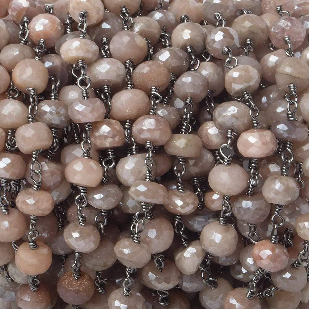 7-8mm Mystic Angel Skin Peach Moonstone faceted rondelle Black Gold Chain by the foot 24 pcs - Beadsofcambay.com