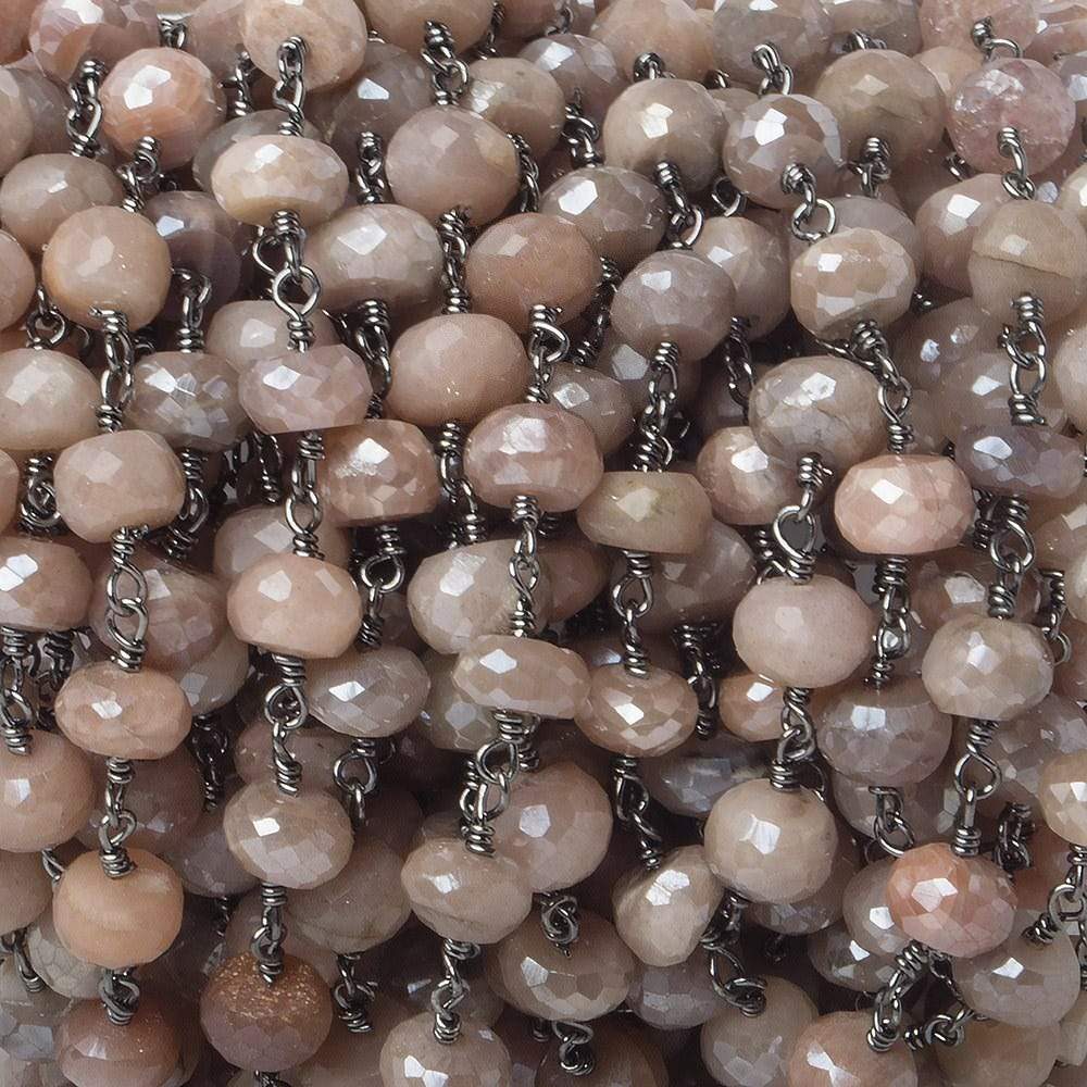 7-8mm Mystic Angel Skin Peach Moonstone faceted rondelle Black Gold Chain by the foot 24 pcs - Beadsofcambay.com