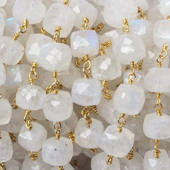 7-8mm Rainbow Moonstone faceted cube Vermeil Chain by the foot 26 beads - Beadsofcambay.com