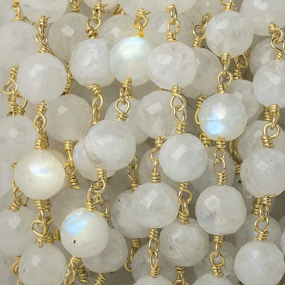 7-8mm Rainbow Moonstone faceted round Gold Chain by the foot 23 pieces - Beadsofcambay.com