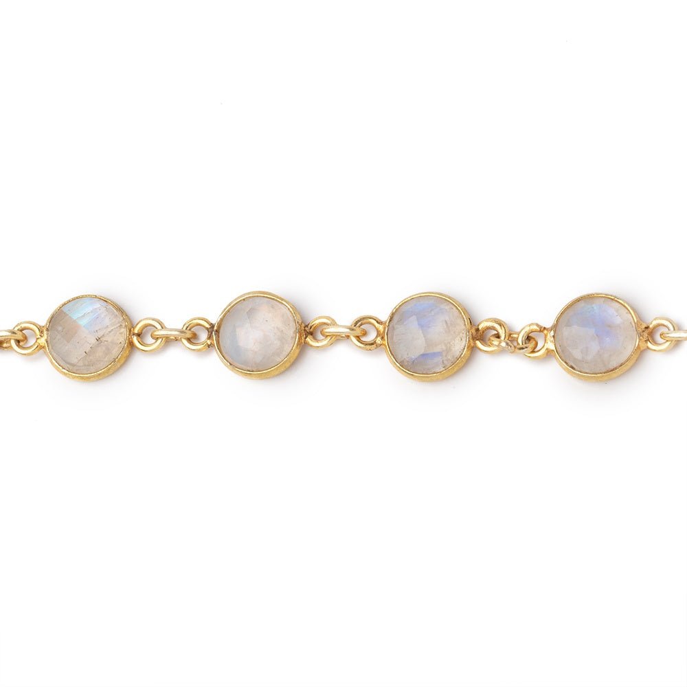 7.5-8mm Rainbow Moonstone Faceted Coin Cabochon Vermeil Bezeled Chain - Beadsofcambay.com