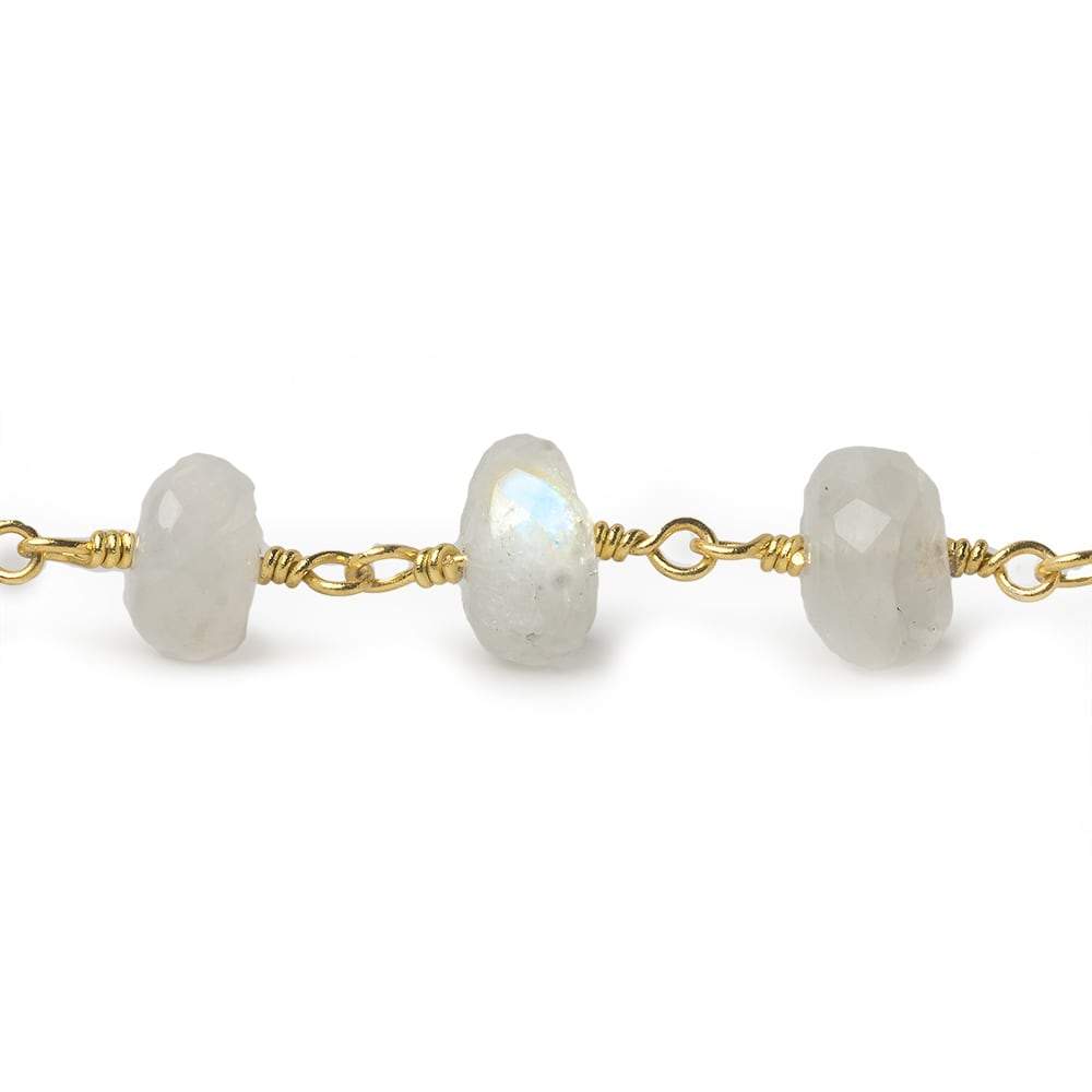 7.5-8mm Rainbow Moonstone faceted rondelle Gold Chain by the foot 28 pieces - Beadsofcambay.com