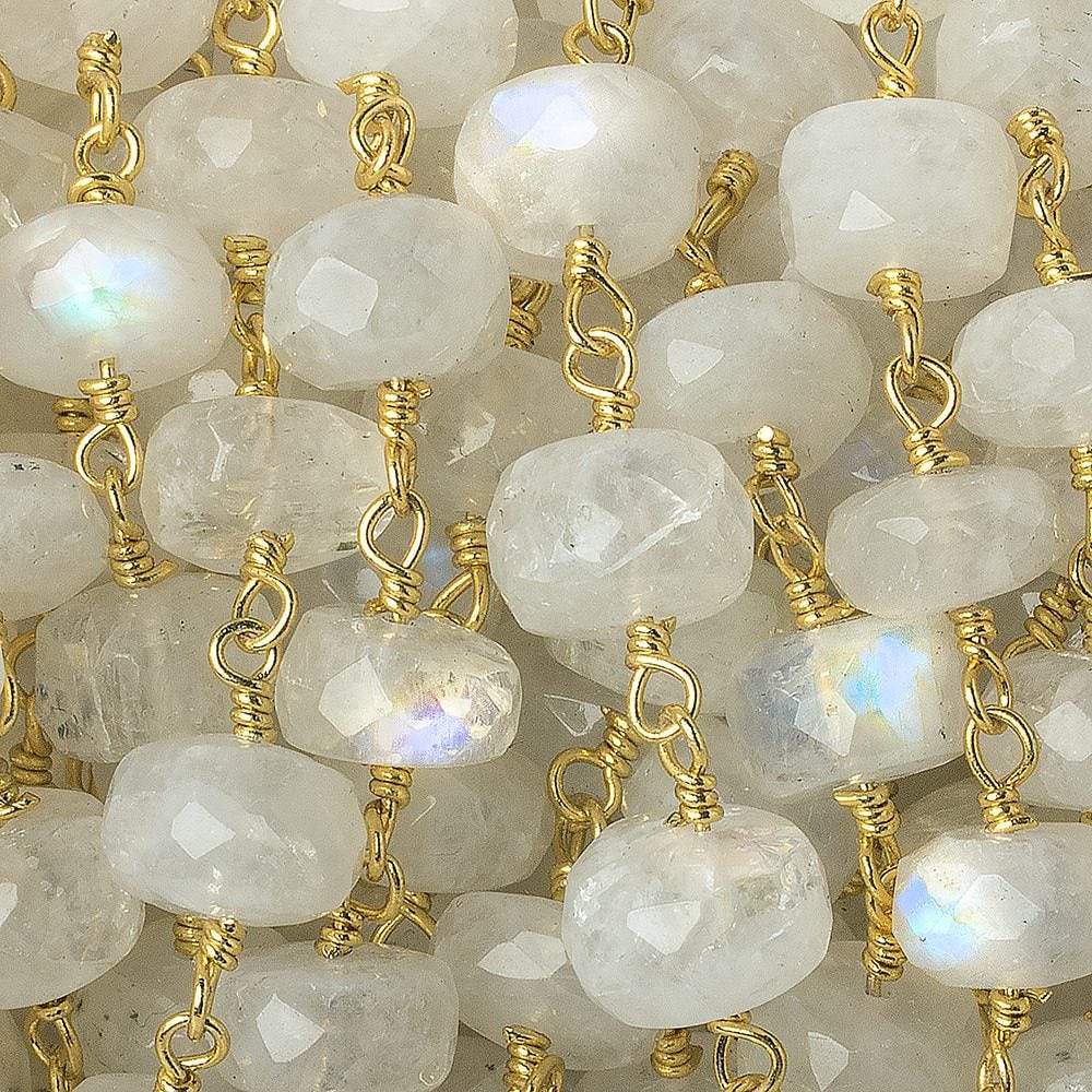 7.5-8mm Rainbow Moonstone faceted rondelle Gold Chain by the foot 28 pieces - Beadsofcambay.com
