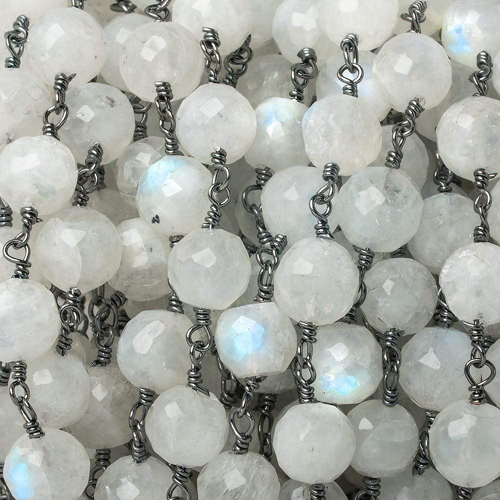 7.5-8mm Rainbow Moonstone faceted round Black Gold Chain by the foot 22 pieces - Beadsofcambay.com