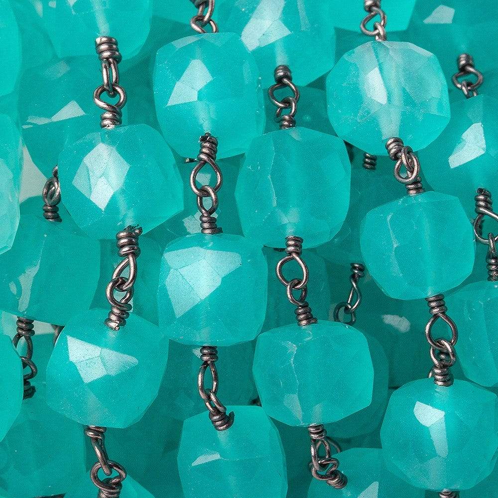 7.5-8mm Turquoise Chalcedony cube Black Gold plated Silver Chain by the foot - Beadsofcambay.com