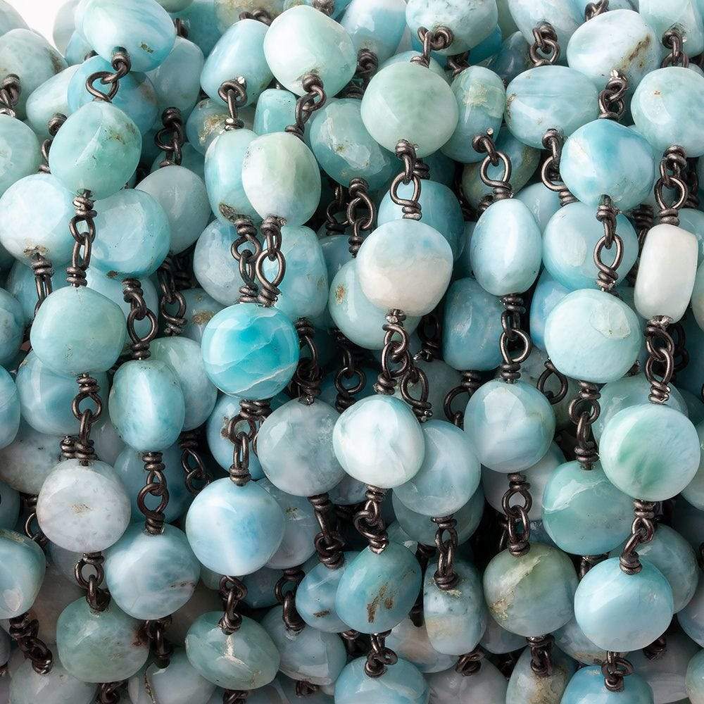 7.5mm Larimar plain coin Black Gold plated .925 Silver chain by the foot 23 pcs - Beadsofcambay.com