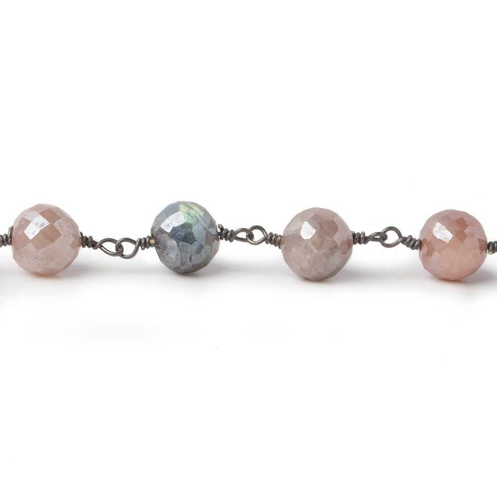 7.5mm Mystic Grey & Peach Moonstone faceted round Black Gold plated Chain by the foot 22 pcs - Beadsofcambay.com