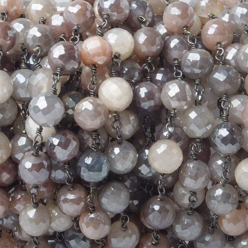 7.5mm Mystic Grey & Peach Moonstone faceted round Black Gold plated Chain by the foot 22 pcs - Beadsofcambay.com