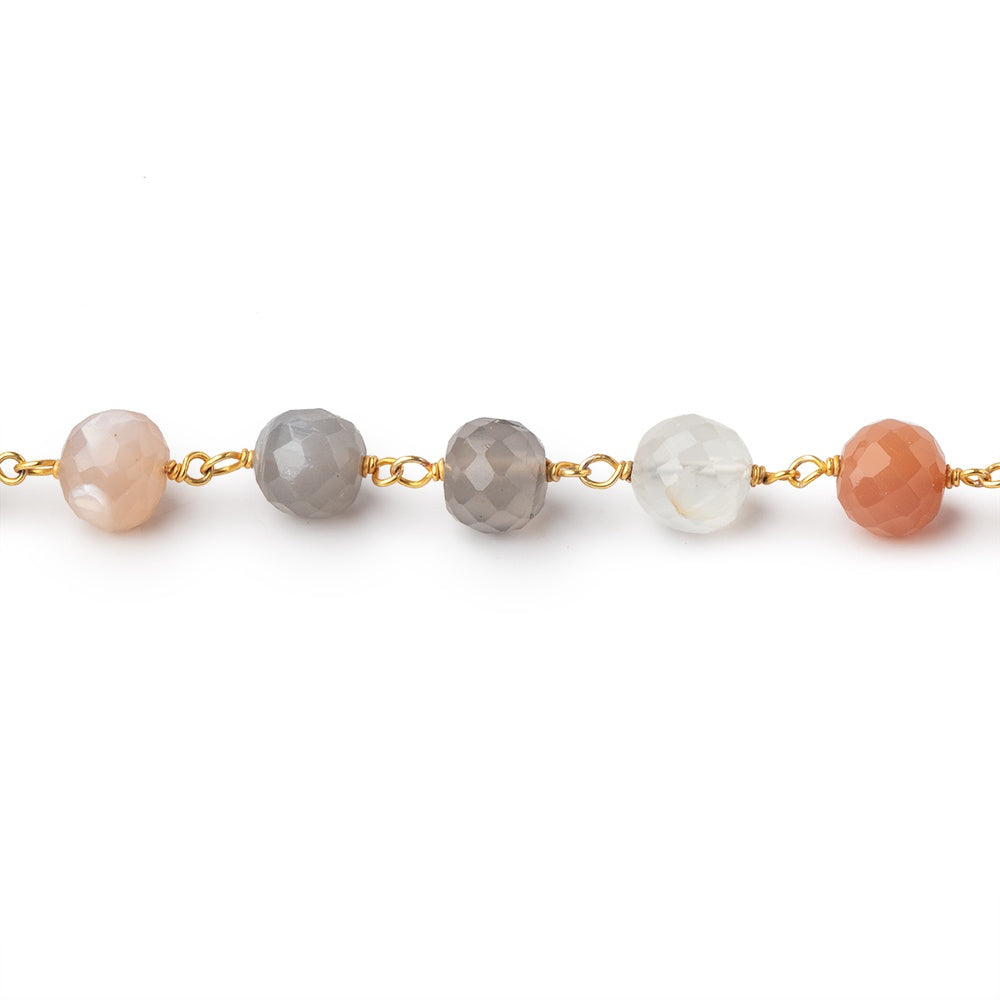 6mm Multi Moonstone faceted round Vermeil Chain by the foot 27 beads - BeadsofCambay.com