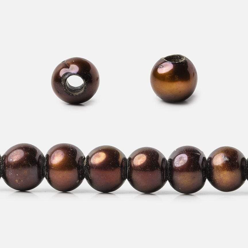 7mm - 8mm Milk Chocolate Large Hole Off Round Pearl 2.5mm drill hole, 15 inch, 64 pieces - Beadsofcambay.com