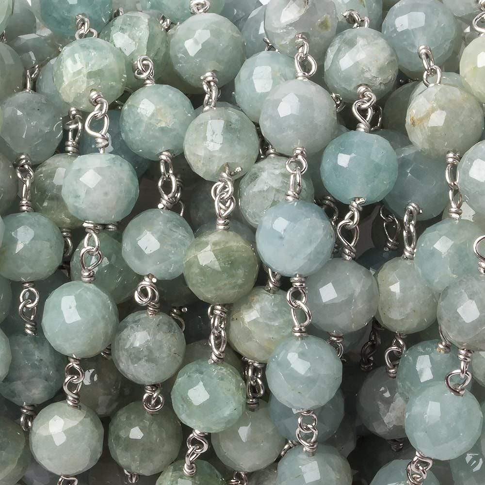 7mm Aquamarine faceted round .925 Silver Chain by the foot 27 pieces - Beadsofcambay.com