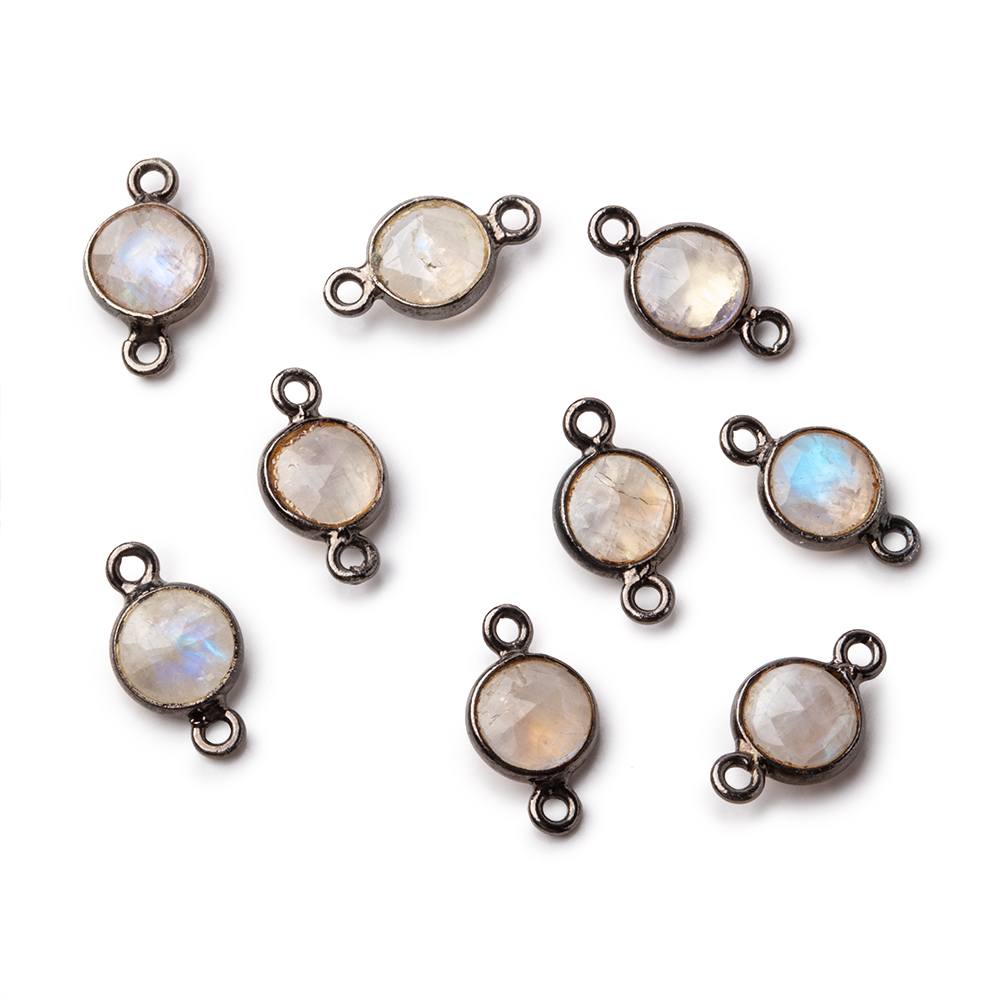 7mm Black Gold .925 Bezel Rainbow Moonstone Faceted Coin Connector 1 piece - Beadsofcambay.com