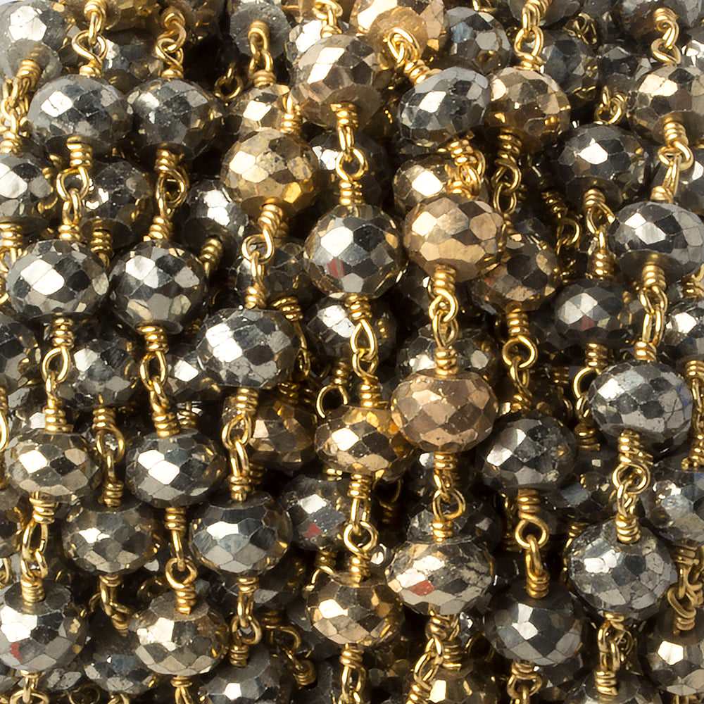 7mm Gold plated Pyrite & Pyrite faceted rondelle Gold plated Chain by the foot - Beadsofcambay.com