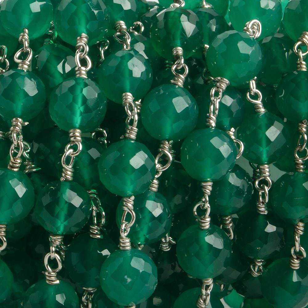 7mm Green Onyx faceted round .925 Silver Chain by the foot 24 pieces - Beadsofcambay.com