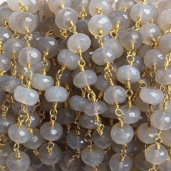 7mm Grey Chalcedony faceted rondelle Gold Chain by the foot 26 beads - Beadsofcambay.com