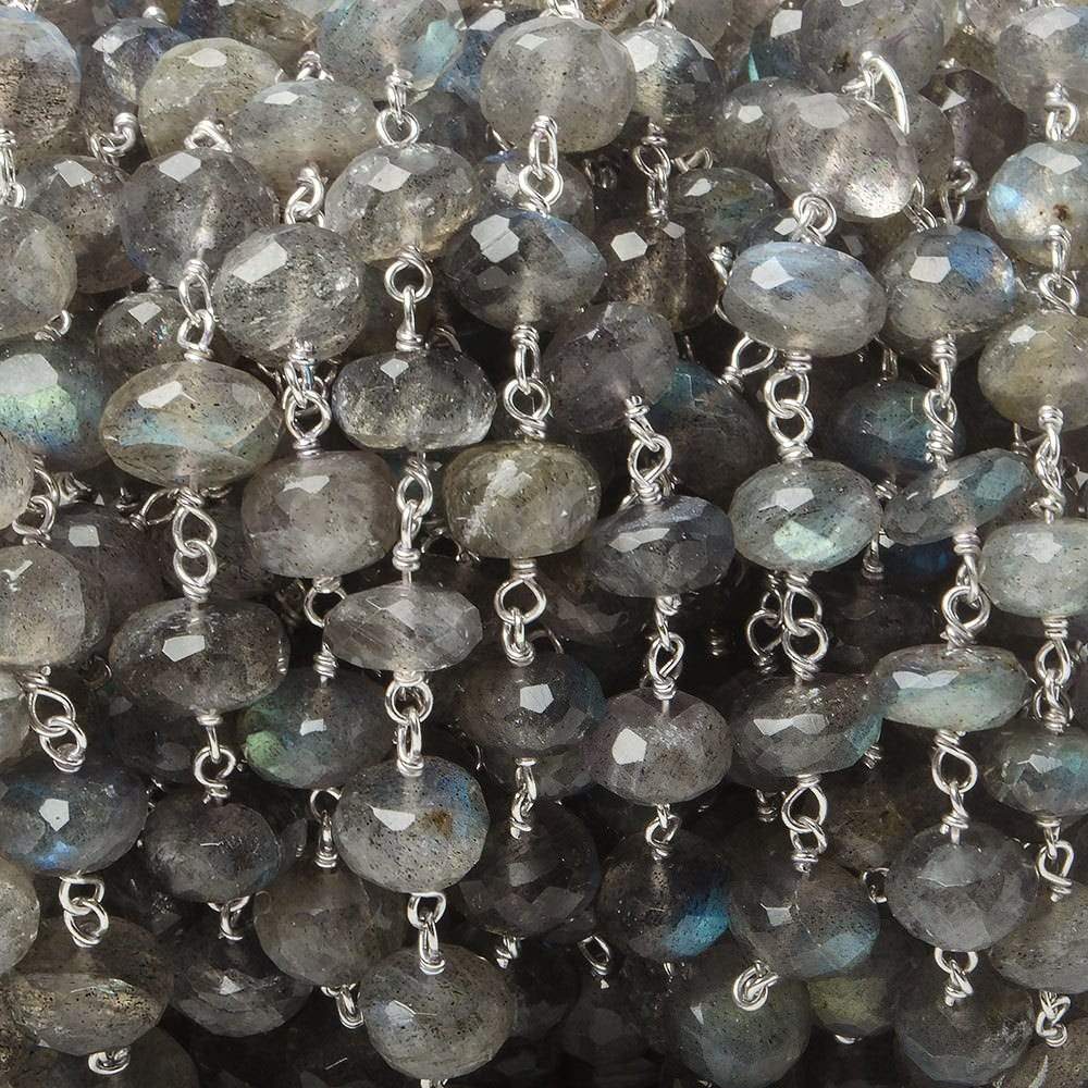 7mm Labradorite Beads Faceted Rondelle with Sterling Silver Chain by the foot - Beadsofcambay.com