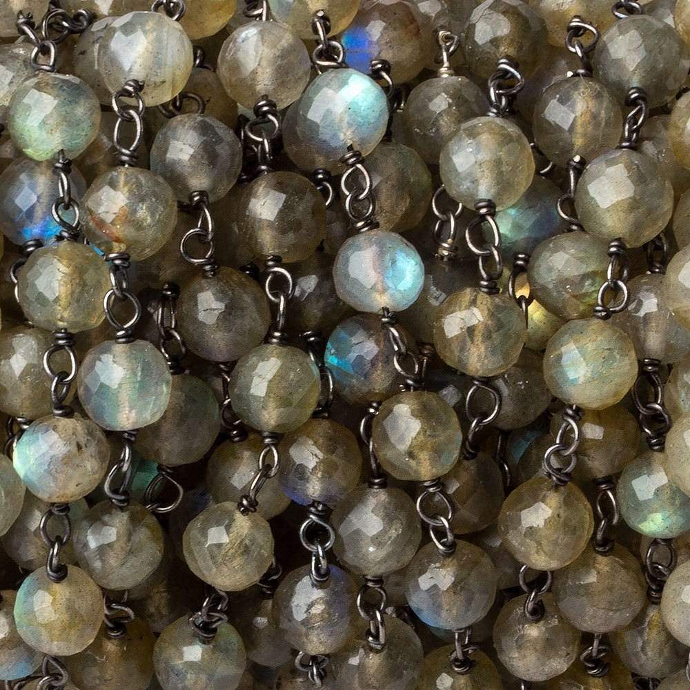 7mm Labradorite faceted round AAA Black Gold plated Silver Chain by the foot 23 beads per - Beadsofcambay.com