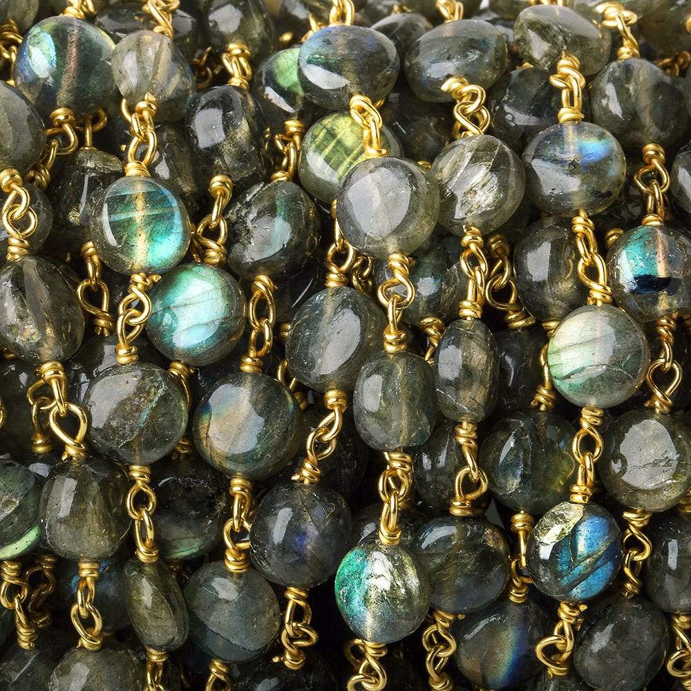 7mm Labradorite plain coin Vermeil Chain by the foot - Beadsofcambay.com