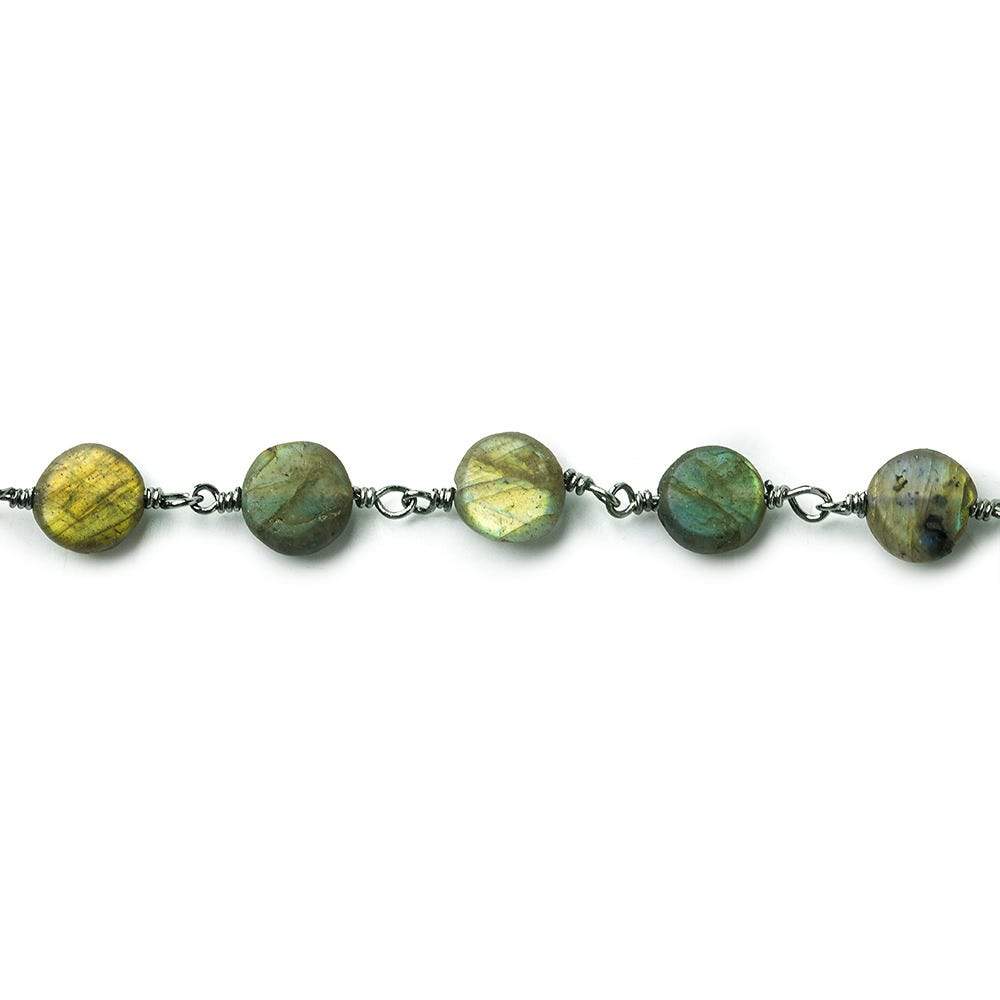 7mm Matte Labradorite plain coin Black Gold plated Chain by the foot 26 beads per - Beadsofcambay.com