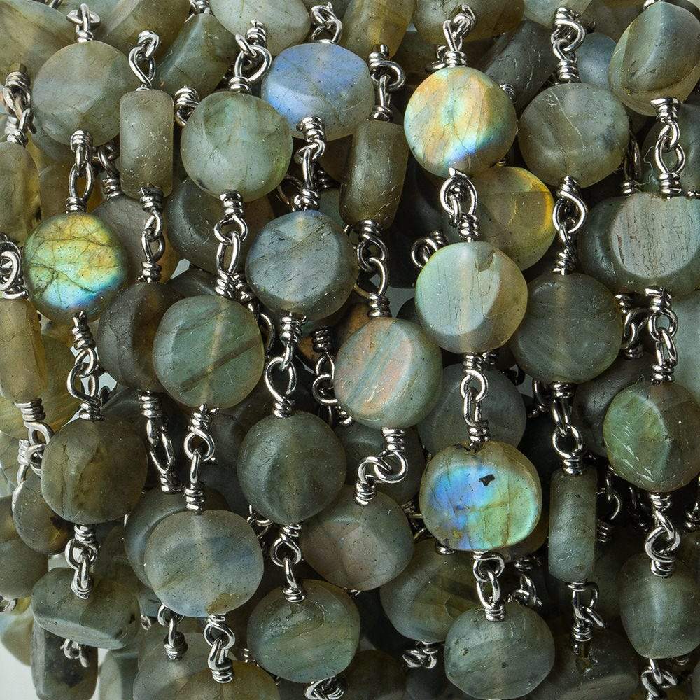 7mm Matte Labradorite plain coin Black Gold plated Chain by the foot 26 beads per - Beadsofcambay.com