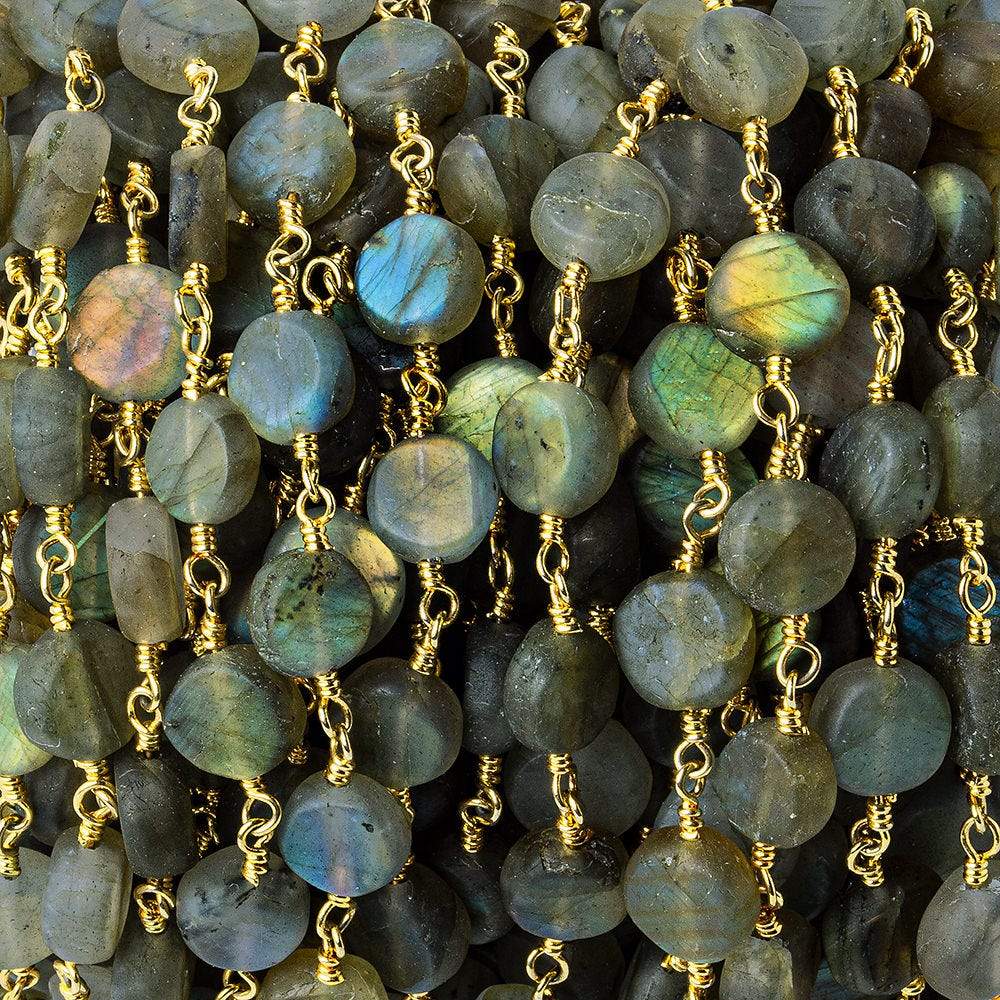 7mm Matte Labradorite plain coin Gold plated Chain by the foot 26 beads per - Beadsofcambay.com