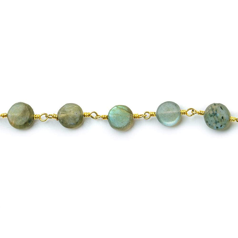 7mm Matte Labradorite plain coin Gold plated Chain by the foot 26 beads per - Beadsofcambay.com