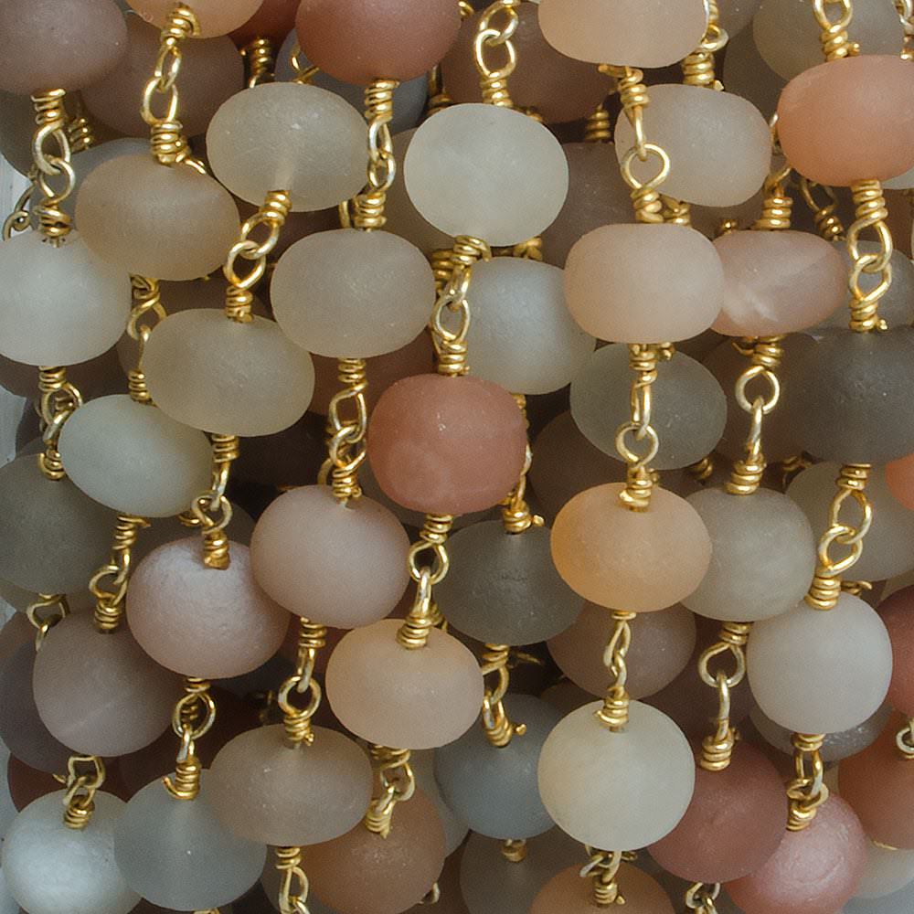 7mm Matte Multi Color Moonstone rondelle Gold plated Chain by the foot with approximately 25 pieces - Beadsofcambay.com