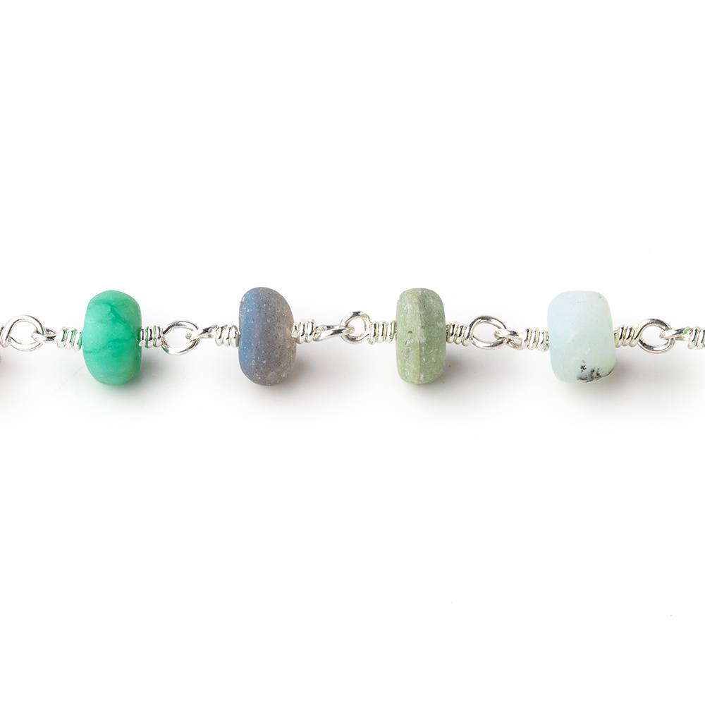 7mm Matte Multi Gem Plain Rondelles on Silver Plated Chain by the Foot 27 pcs - Beadsofcambay.com