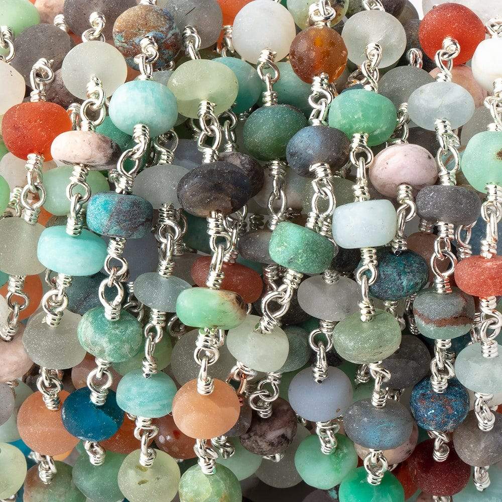 7mm Matte Multi Gem Plain Rondelles on Silver Plated Chain by the Foot 27 pcs - Beadsofcambay.com