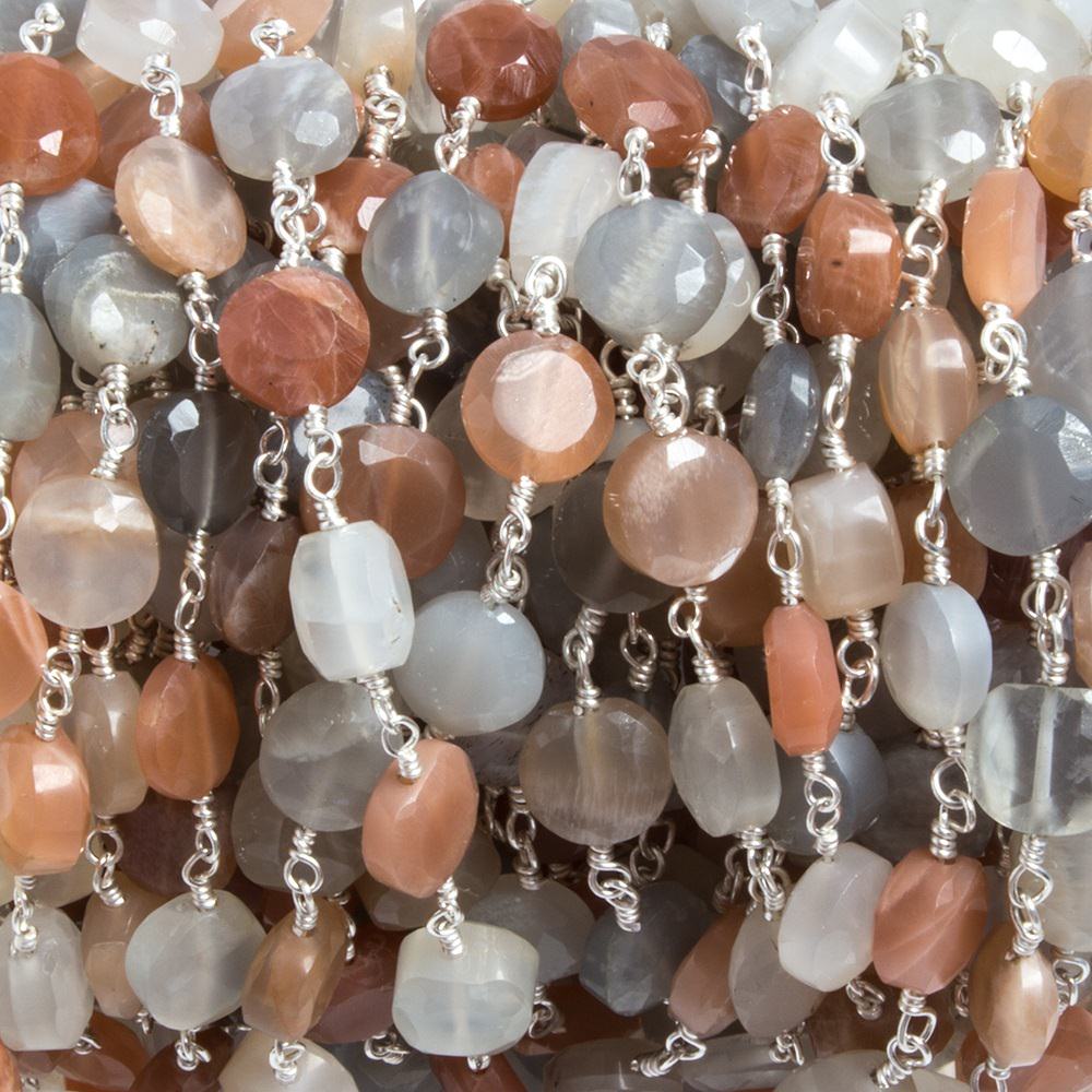 7mm Multi Color Moonstone coin Silver plated Chain by the foot 24 pieces - Beadsofcambay.com