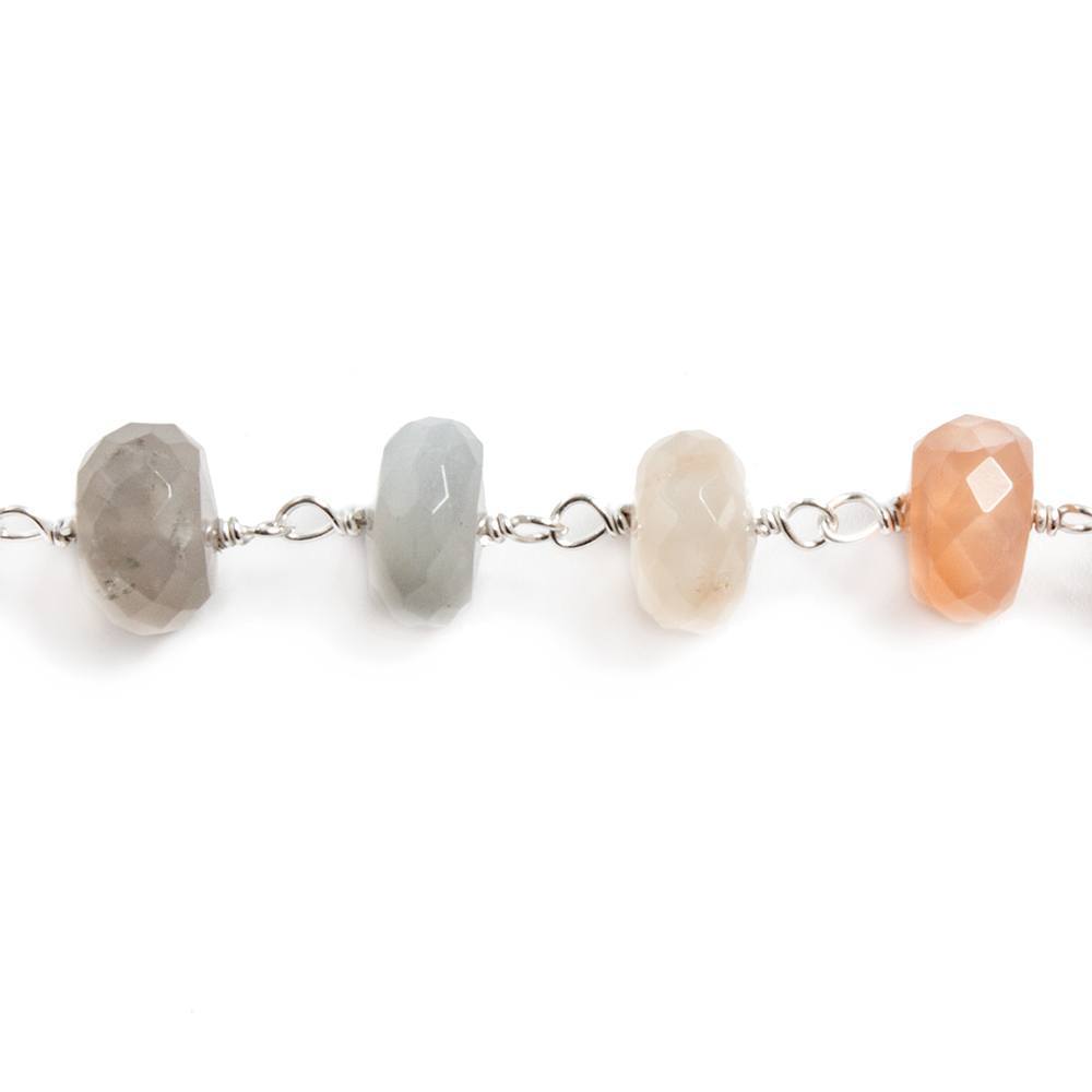 7mm Multi Moonstone faceted rondelle .925 Silver Chain by the foot 30 beads - Beadsofcambay.com
