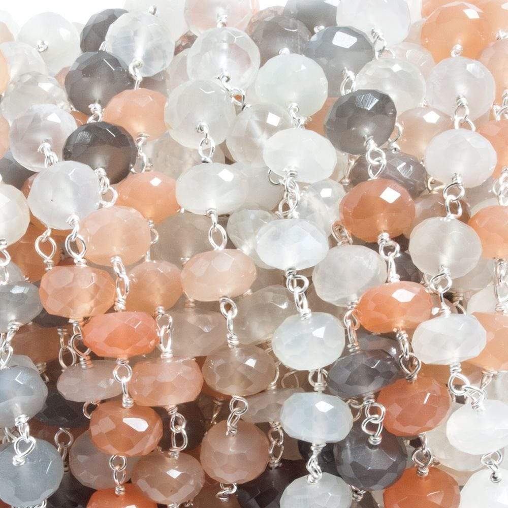 7mm Multi Moonstone faceted rondelle .925 Silver Chain by the foot 30 beads - Beadsofcambay.com