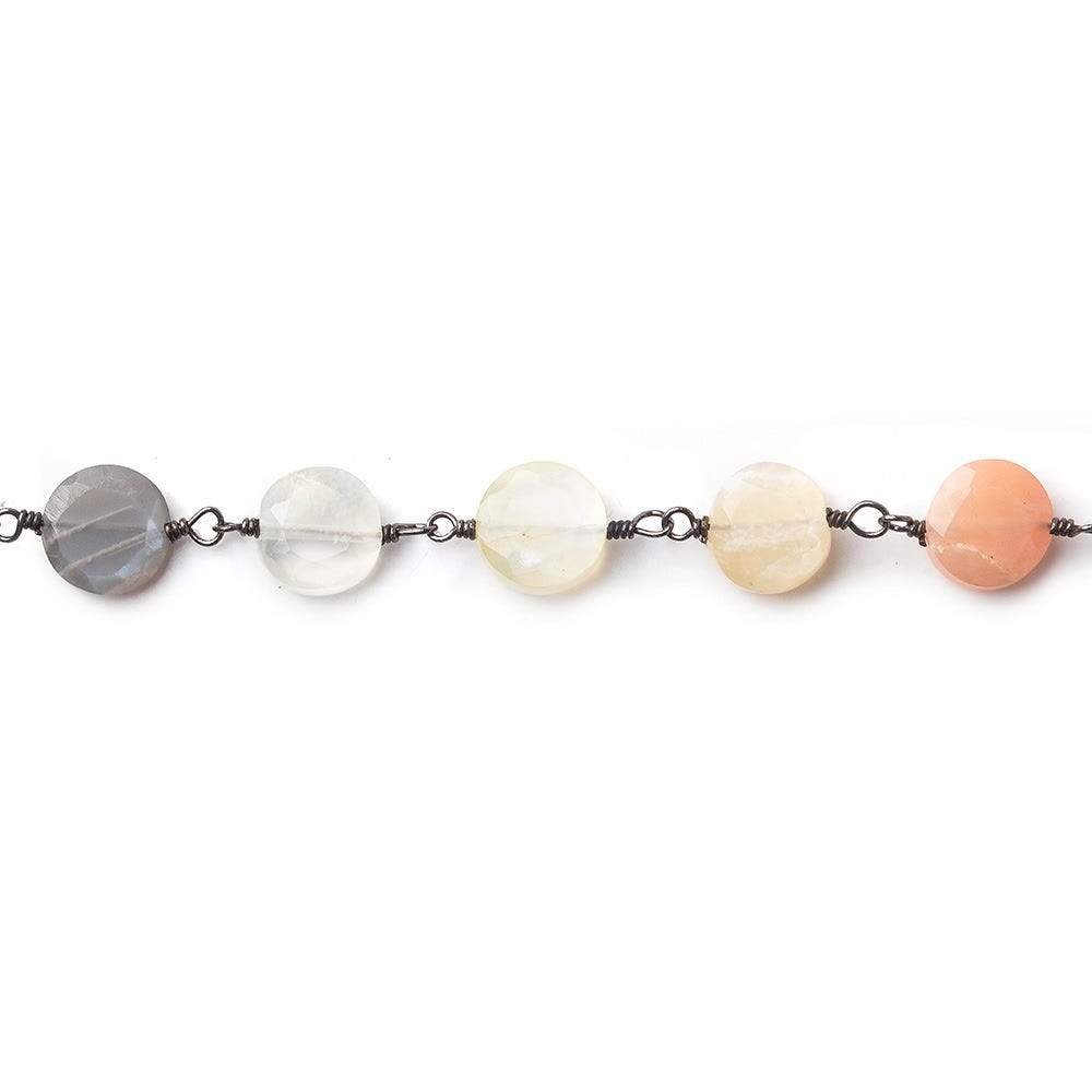 7mm MultiColor Moonstone coin Black Gold plated Chain by the foot 24 pieces - Beadsofcambay.com