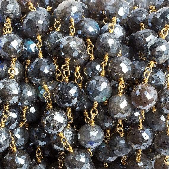 7mm Mystic Labradorite faceted round Gold Chain by the foot 24 beads - Beadsofcambay.com